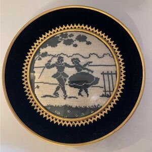 Vintage Cross Stitch Dancing Couple Black Velvet Gold Accent Framed Wall Art